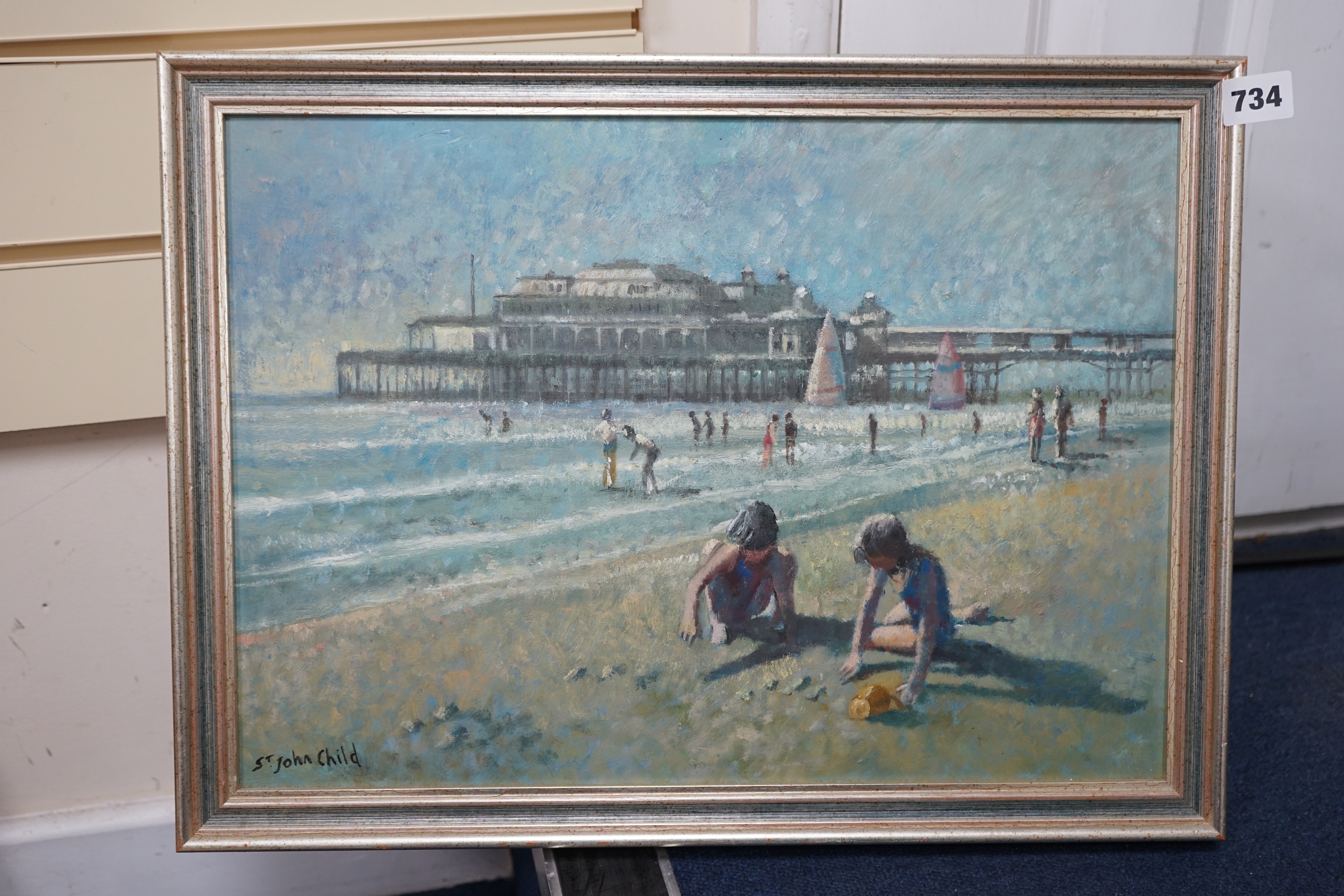 St John Child (b.1936), oil on board, Brighton, West Pier, signed, 32 x 46cm
